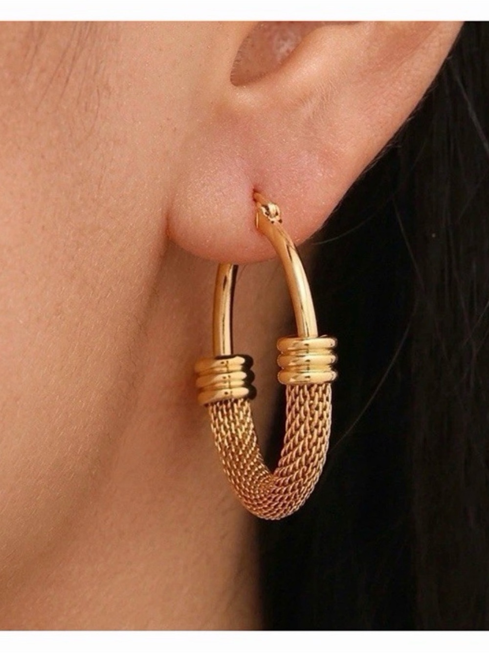 European American Gold Plated Mesh C-Shaped Earrings Stainless Steel Jewelry
